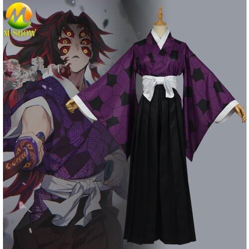 Anime demonio asesino Kimetsu no Yaiba Kokushibou Cosplay traje Kimono uniforme con peluca para Halloween