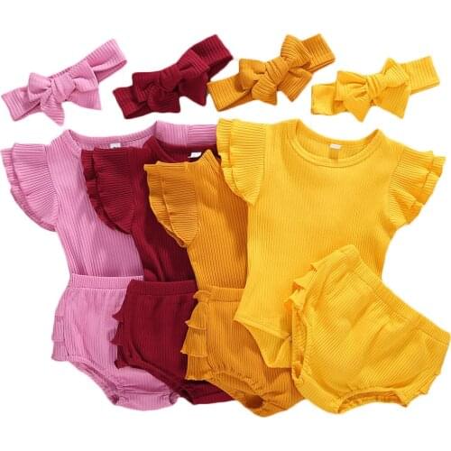 0-24M Baby Summer Clothing Newborn Infant Baby Girl Strap Solid Romper Tops Shorts Pants Set Knitted Ribbed Outfits Headwear Set