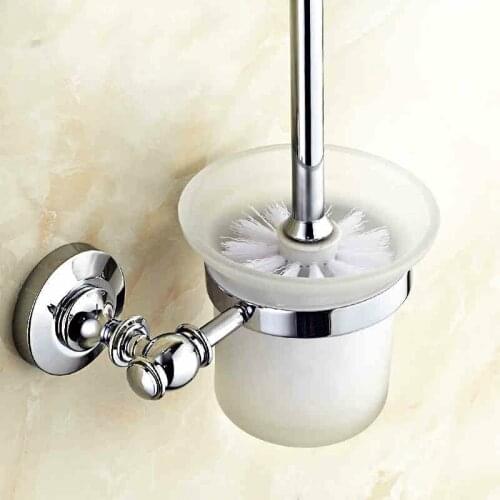 Chrome Finish Bathroom Brush Holder Wall Mount Solid Brass Toilet Brush Holder With Screws And Glass Cups Bathroom Accessories