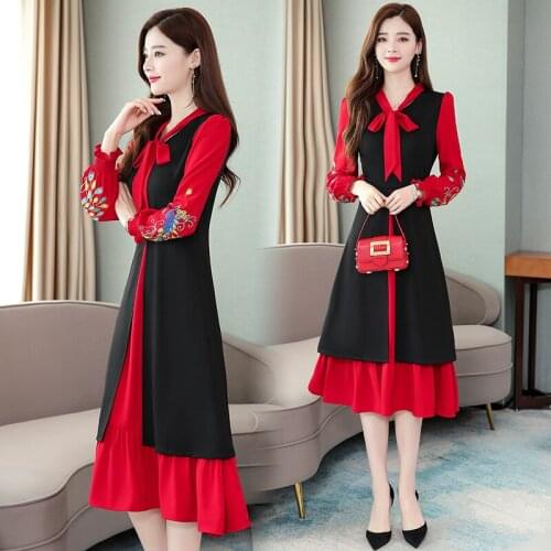 Embroidery Long Sleeve Autumn Dress Embroidered Red black Patchwork Elegant Party Cocktail Loose Slim Birthday Dresses For Women
