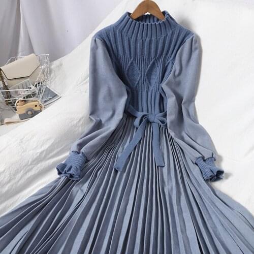Autumn sweater dresses for women winter splicing Pullover bandage Slim knitting long dress sweet corduroy Pleated Dress vestido