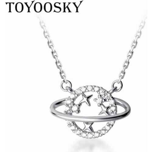 Authentic 925 Sterling Silver Long Pendant Romantic Mysterious Planet Necklace Clear Zirconia Valentines Gift