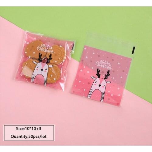 50pcs Cartoon Cute Pink Reindeer Transparent Dessert Cellophane Self-Stick Biscuit Bag Snowflake Cookie Christmas Wrapping Bags