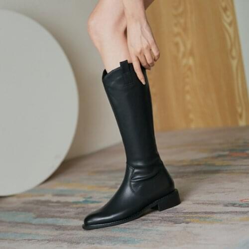 Chivalrous boots womens knee length thin leg Plush medium boots round head retro v-mouth Western Cowboy Boots