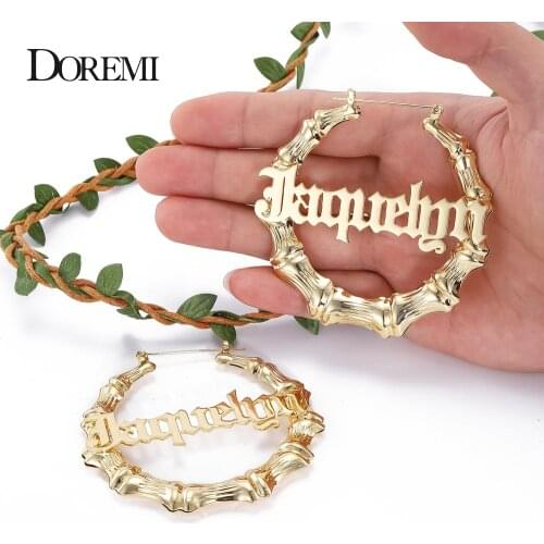 DOREMI Stainless Steel Bamboo Hoop Earrings Customize Name Earring Bamboo Style Custom Hoop Earrings With Statement Words Number
