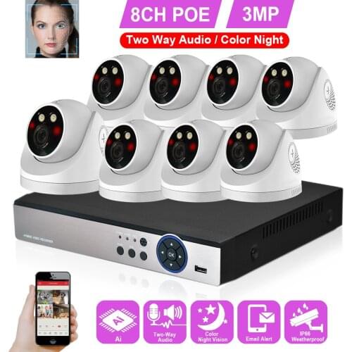 H.265 8CH 3MP NVR Security Camera System 3MP Indoor Dome Two Way Audio POE IP Camera Video Surveillance Color Night Camera Set