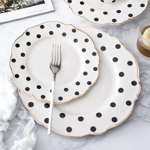 Golden Edge Plate Steak Tray Soup Dish Dinnerware Set Polka Dot Dinner Plate Western Flat Flower Shape Breakfast Tableware 1pcs