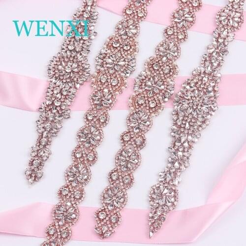 WENXI (5pcs) Wholesale Hand Beaded Sewing Rose Gold Bridal Rhinestones Appliques Patch For Dresses Headband DIY Iron On