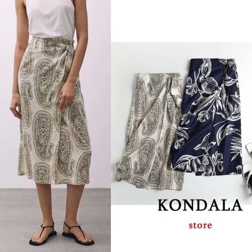 KONDALA Za 2021 Vintage Geometric Print Pleated Midi Skirts High Waist Straight Fashion Autumn Skirts Women Elegant Mujer Faldas