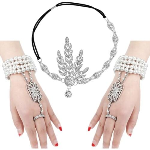 Great Gatsby Inspired Leaf Simulated 1920s Jewelry Set Costume Accessories 20s Flapper Pearl Headband Bracelet Ring Set