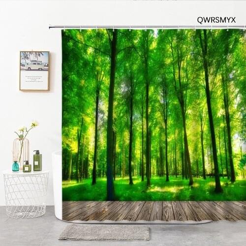 Boardwalk Green Forest Landscape Shower Curtains Hooks Natural Scenery Home Bathroom Decor Background Hanging Cloth Bath Curtain