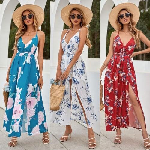 Womens Suspender Long Skirt Summer V-neck Italian Thin Shoulder Belt Backless Print Party Beach Bohemian Long Skirt High Waist
