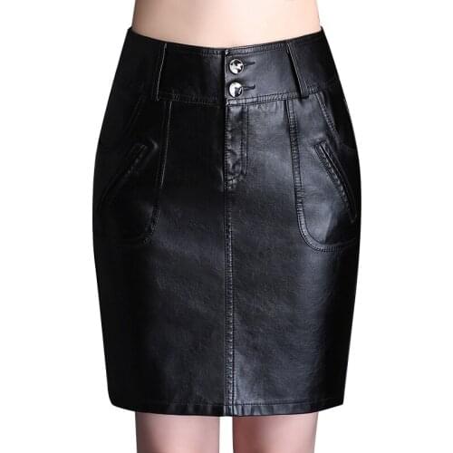 2020 New Spring OL Temperament Ladies Skirt Black Stitching High Quality PU Leather Skirt High Waist Pack Hips Women Skirt