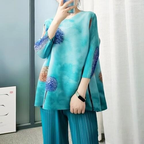 Dandelion Print Loose Plus Size Women Summer Top 2021 Miyak Pleated New Casual Oversize Round Neck Fashion Female T-Shirt