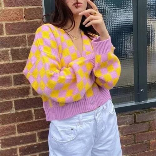 Yellow Purple Plaid Knitted Cardigan Sweater Women Casual Oversized Sweater Cardigan Vintage Check Jumper Top Autumn Winter