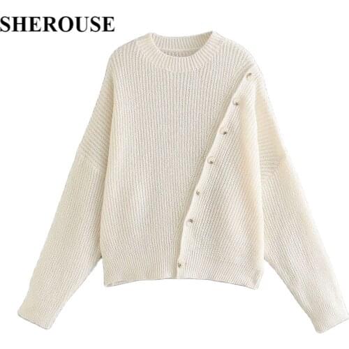 SHEROUSE Women Vintage Knitted Pullover Sweater Fashion Buttons Decoration Long Sleeves O-neck Woman Sweaters Chic Tops