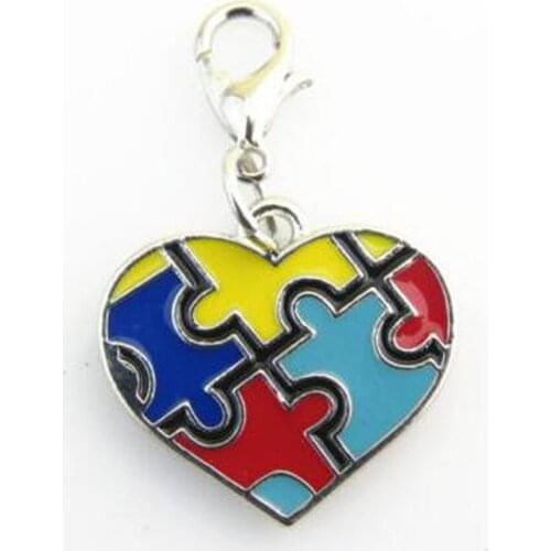 10pcs Autism Awareness Puzzle Piece Heart Dangle Charms For lobster clasp