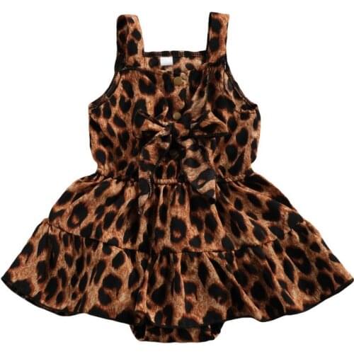 2021 Summer Baby Girl Casual Suspender Jumpsuits Fashion Sleeveless Leopard Bow Skirt Hem Triangle Romper