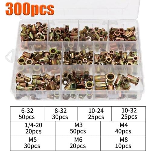 300PCS Zinc Plated Rivet Nut Rivnut Nutsert Assortment Kit with Plastic Box For Car Trailers Furniture Boat Repair Tool Parts