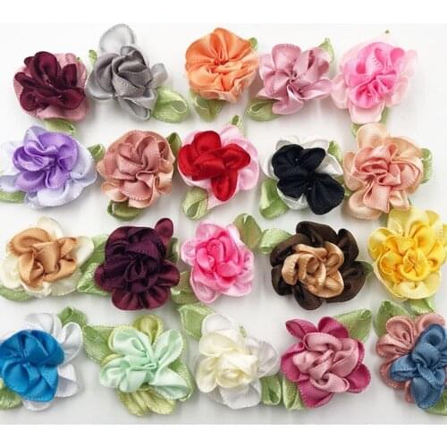 40pcs ribbon flowers with leaf handmade flowers apparel sewing appliques DIY accessories A047