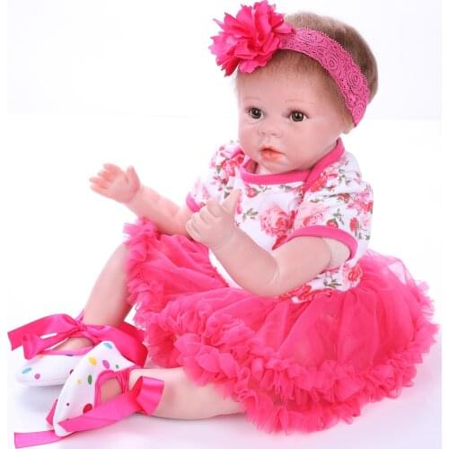 55 Cm 22 Inch Reborn Doll Realistic Handmade Soft Silicone Cute Toddler Wearing Rose Skirt Girl Kids Toy Gift
