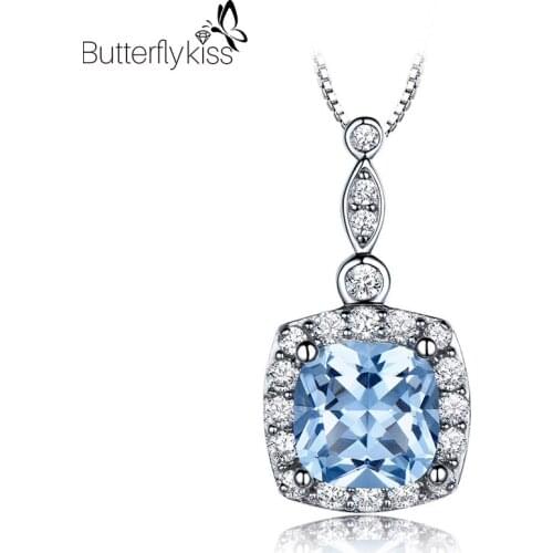 BK Sky Blue Topaz Pendant Necklace For Women Girl Real 925 Sterling Silver Engagement Wedding Promise Fine Jewelry Female Gifts