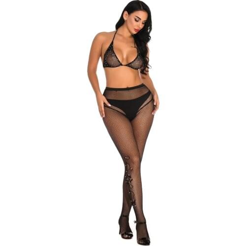 New Sparkly Rhinestone 2 Pieces See Through Fishnet Mesh Pantyhose Tights Stocking + Bra Lingerie Sets for Women Pole Danc