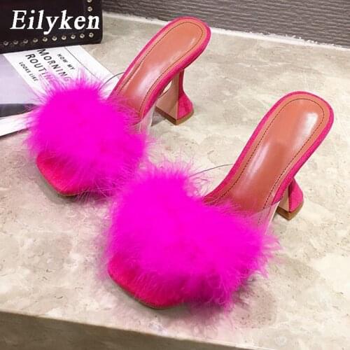 Eilyken High Quality Fluffy Slippers Slides Women Shallow Peep Toe Slip on Sandals Fashion Wine Glass Heel Shoes Size 35-41