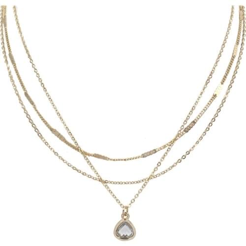 Classic Gold Color Plating Small Triangle Stone Pendant Layered Necklace For Women Girl BlingBling Shiny Jewelry Accessory