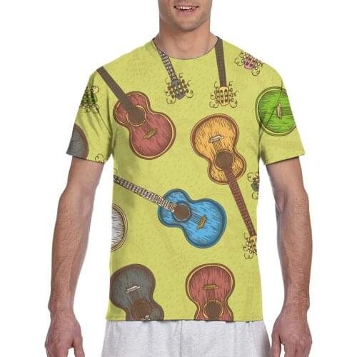 Colorful Wooden Acoustic Guitar Illustration Casual T Shirts Tee Tops Summer Men Short Sleeve Streetwear Fashion Male Tshirts