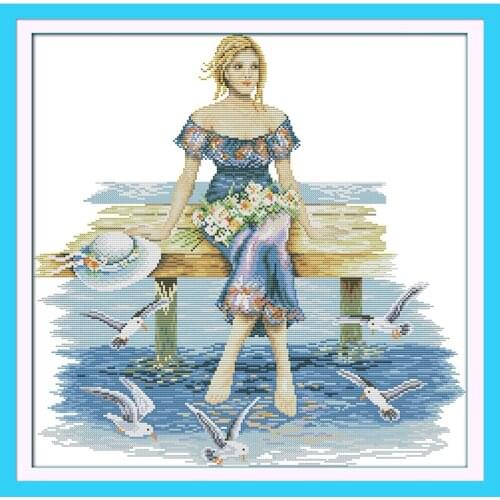 Beauty In The seaside(1) Chinese Cross Stitch Kits Ecological Cotton Stamped Printed 11CT DIY Christmas Gift Wedding Decoration