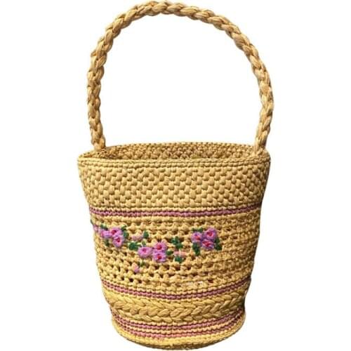 Round Shape Women embroidery Handmade Knitting Straw Bag Lafite Hand-Woven Rattan Bag Summer Vacation Portable Ladies Hand Bags