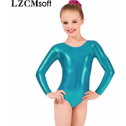 LZCMsoft Girls Gymnastics Leotards Child Metallic Long Sleeve Dance Ballet Leotards Short Unitards Stage Performance Costumes