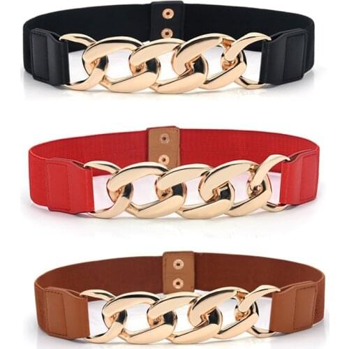 New Fashion Stretch Cummerbunds Elastic Wide Waist Belt Solid Color Waist Seal Retro Alloy Chain Buckle Women Gold Chain Belt