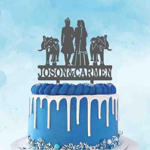 Personalized Indian Style Wedding Cake Topper Custom Couple Name Elephants Cake Topper For Muslim Wedding Party Cake Decoration