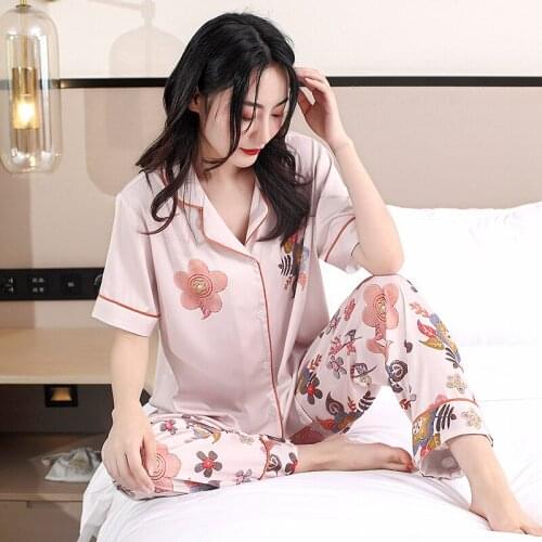 Women Pajamas Sets New Luxury Lapel Pajamas High Quality Homewear Summer Classic Ice silk Fashion Short sleeve Printing Pajamas