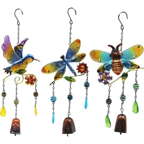 Honeybee Dragonfly Wrought Iron Bell Glass Painted Chimes Creative Hanging Ornaments Acrylic Garden Corridor Hanging Ornaments