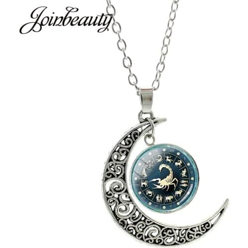 JOINBEAUTY 12 Zodiac Scorpio Leo Pisces Pattern Moon Pendant Necklace Glass Dome Fashion Charm Women Handmade Jewelry D1169