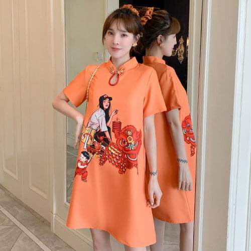 Young Girls Daily Fashion Cheongsam Loose Chinese Style Figure Printed Short Skirt Summer Improved Slim Oriental Qipao Dress