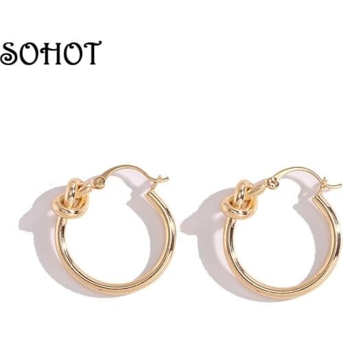 SOHOT Minimalist Style Round Circle Knot Alloy Women Hoop Earrings Korean New INS Hot Sale For Female Party Jewelry Bijoux