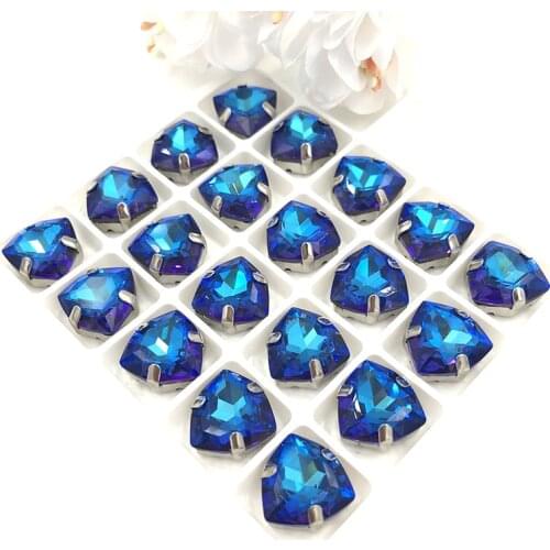 High quality K9 glass sew on rhinestones with claw 12mm Fat Triangle Blue light Crystal rhinestones for diy/clothing accessories