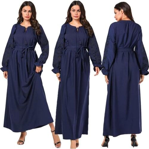 Navy Abaya Embroidery Long Sleeve Dress Women Muslim Islamic Jilbab Robe Dubai Gown Drawstring Belt Dresses 2019 Autumn Fashion