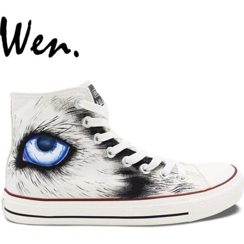 Wen Original Hand Painted Shoes Design Custom Snow Wolf High Top White Canvas Sneakers for Men Womens Gifts