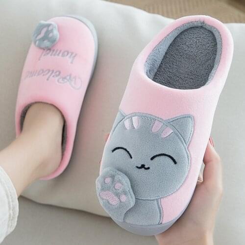 2021 Cute Cartoon Cat Couples Slippers Warm Furry Shoes Thick Plush Soft Footwear Home Bedroom Platform Flat Women Winter Slides