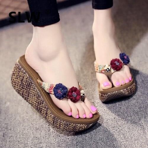 Med clip toe Beach women summer Wedges Slides Floral Flip Flops beach flip flops Flower wedge Fashion slipper tong woman