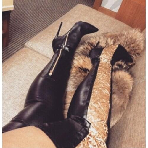 New arrival unique thigh high women winter boots pointed toe patchwork high heel boots fashion hollow out boots plus size10