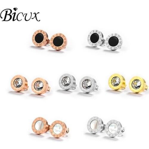 BICUX Small Stainless Steel Rose Gold Silver Color Crystal Women Stud Earrings for Women Fashion Jewelry Roman Numerals Earring