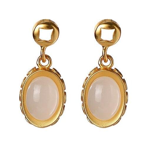 925 sterling silver gold plated Hetian white jade stud earrings retro personalized coin ingot earring pendant for ladies earring