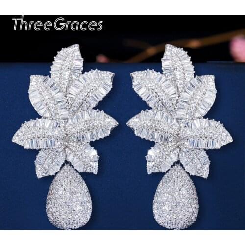 ThreeGraces Luxury Leaf Drop Pineapple Full Micro CZ Stone Paved Wedding Party Earrings Fashion Jewelry for Women E0365