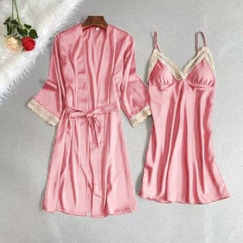 Bride Wedding 2PCS Robe Set Sexy Satin Lace Kimono Gown Suit Lady Summer Thin Sleepwear Loose Simplicity Deep V-Neck Bathrobe